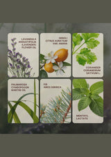 Set of cards with images and names of various plant oils and their components.