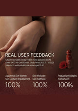 Product packaging with user feedback on skin benefits on a brown background