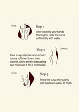 Step-by-step guide on cleaning the vulva with illustrations and text.
