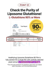 An informational product graphic for Healthyhug Liposome Glutathione 90 Film. The design features a white background with black text, a yellow circular badge indicating 'L-Glutathione 90% or More', and a mockup of a KOT test report showing a 93.