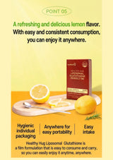A promotional graphic for Healthy Hug Liposomal Glutathione Perfect 90, showing a red product box alongside lemons, a spoon, and a wooden board on a pale yellow background with text describing the refreshing lemon flavor and easy portability.