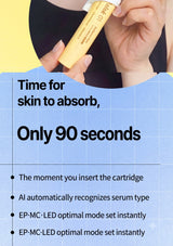 Promotional graphic showing a person's hands holding a yellow skincare serum cartridge, with text reading 'Time for skin to absorb, Only 90 seconds' and bullet points about fast absorption and AI recognition.