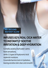 Promotional skincare graphic showing a woman's neck and chest with long dark hair, a spray device applied near the jawline, and several small spray bottles on a pale blue background with text about cica water and hydration.