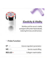An informational product graphic for a facial treatment device. The image shows a close-up of a white and silver device with a red illuminated ring, alongside two purple serum tubes.