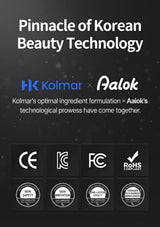 Promotional graphic for a skincare product featuring the text 'Pinnacle of Korean Beauty Technology' and a collaboration between HK Kolmar and Aalok. The image includes regulatory compliance logos (CE, KC, FC, RoHS) at the bottom on a dark textured background.