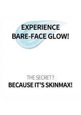 Promotional graphic with the text 'EXPERIENCE BARE-FACE GLOW!' above a light blue cream smear on a white background, followed by 'THE SECRET? BECAUSE IT'S SKINMAX!' below.