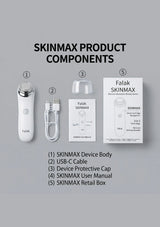 Falak Skinmax skincare device set shown with labeled components on a light gray background: the white handheld device body, a white USB-C cable, a clear protective cap, the user manual, and the retail box. Text at the top reads 'SKINMAX PRODUCT COMPONENTS' and a numbered list at the bottom identifies each item.