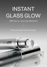 CeDot Instant Glass Glow cream tube and cap shown on a reflective gray surface with scattered diamond props and large text reading 'INSTANT GLASS GLOW' and 'Diamond Glass Renewal Cream'.