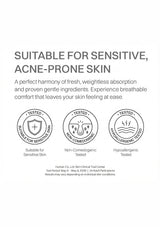 A white informational graphic with the headline 'SUITABLE FOR SENSITIVE, ACNE-PRONE SKIN' and several circular test seals below, including 'Suitable for Sensitive Skin,' 'Non-Comedogenic Tested,' and 'Hypoallergenic Tested.'.