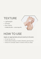 An informational product graphic on a light beige background with text about texture and how to use a skincare product, plus a small inset photo of hands applying a white cream.