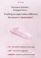 A promotional skincare graphic on a pale pink background with text about persistent wrinkles and enlarged pores, a translucent pink droplet in the center, and a checklist of benefits including fill, lift, and smooth.