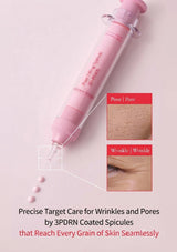 Pink cosmetic pen-style applicator labeled 'Pore-Filling Serum' on a pale pink background, with small serum drops below and two inset close-ups showing pore and wrinkle texture comparison text.