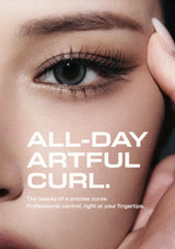 Close-up beauty advertisement showing a woman's eye and hand with the text 'ALL-DAY ARTFUL CURL.' and smaller copy about precise curl and professional control.