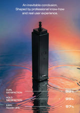 A black vape device stands upright in rippling water against a colorful sunset-like background. Text at the top reads, 'An inevitable conclusion, Shaped by professional know-how and real user experience.