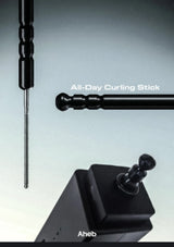 A black all-day curling stick shown in three views: a full vertical view of the handle and metal barrel, a horizontal view of the barrel, and a close-up of the handle attachment. White text reads 'All-Day Curling Stick' and 'Aheb'.