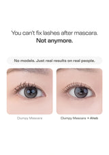 Promotional graphic for a lash product with text reading 'You can't fix lashes after mascara. Not anymore.