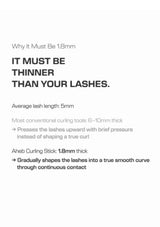 A text-based informational graphic on a white background comparing lash thickness, stating 'IT MUST BE THINNER THAN YOUR LASHES' and detailing lash length and curling tool thickness.