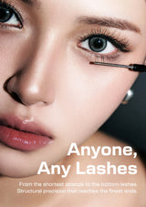 Close-up beauty shot of a woman's face with mascara being applied to her lower eyelashes. Large text reads 'Anyone, Any Lashes' with smaller descriptive copy below on a dark background.
