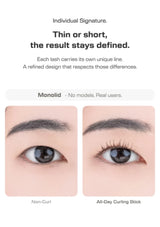 Promotional graphic for a lash curling stick showing text at the top and two side-by-side close-up eye photos labeled Non-Curl and All-Day Curling Stick, demonstrating the effect on eyelashes.