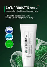 Axcne Booster Cream packaging with green background and certification logos.