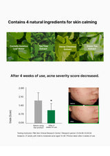 Product packaging with natural ingredients for skin calming and a before-and-after photo of acne severity.