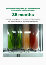 Three test tubes with different colored liquids on a white background, promoting Vemontes Acne Cream.