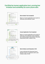 Certification report for Vemonites Acne Booster Cream with test results and skin irritation level.
