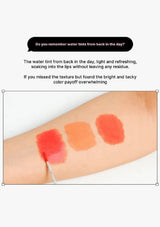 Three lip swatches on a person's arm with text about water tints.
