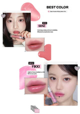 Lipstick color swatches with model wearing the product on a white background