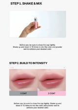 Lip product instructions with a hand holding a lip gloss and close-up of lips with different shades.