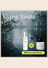 Two perfume bottles with 'Gypsy Route' branding against a misty forest background.