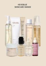 Heveblue skincare products on a beige background