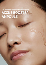 Close-up of a person's face with AXCNE BOOSTER AMPOULE on the skin, highlighting skincare product.