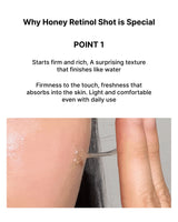 Product description of Honey Retinol Shot with text on firmness and texture, shown on skin.