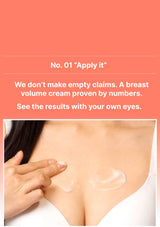 Person applying cream to their shoulder with text about breast volume cream proven by numbers.