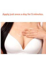 Woman applying cream to her chest with text 'Apply just once a day for 5 minutes.'