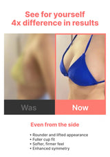 Before and after comparison of a person wearing a blue bikini, highlighting changes in appearance.