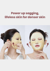 Two women applying a face mask with text about skin density improvement on a light gray background.