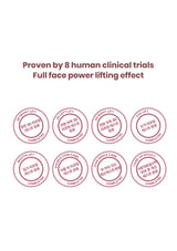 Red circular logos with text on a white background, indicating human clinical trials and full face power lifting effect.