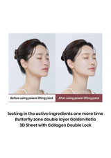 Before and after using a power lifting pack on a person's face.