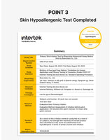 Intertek skin hypoallergenic test completed document with a yellow certification badge.