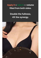 Person wearing a black bra with measurement gauge, text about product benefits on a black background