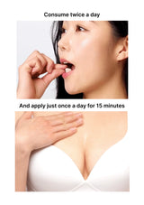 Woman applying a product to her lips with text instructions on consumption and application.