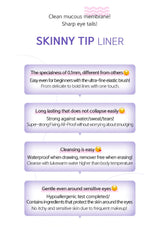 Promotional text for skinny tip liner with features listed on a white background.