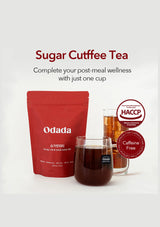 Odada Sugar Cutffee Tea package with a glass of tea on a white background