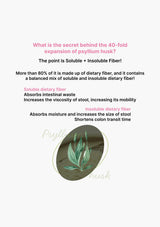 Text explaining the properties of psyllium husk with a green leaf illustration on a white background.