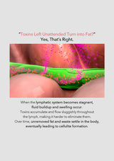 Illustration of lymphatic system with text about toxins turning into fat.