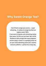 Orange background with white text box containing information about sweet orange tea.