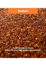 Close-up of rooibos tea leaves with an orange banner at the top displaying 'Rooibos'.