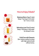 Instructions on how to enjoy Odada tea with corresponding illustrations and text.